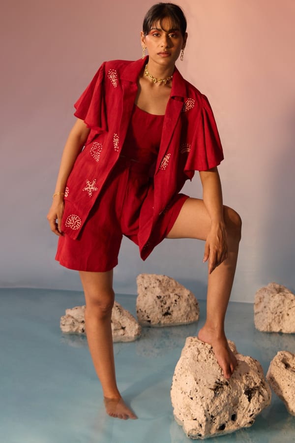 Red Shell Embroidery Shacket Bustier — Western Era