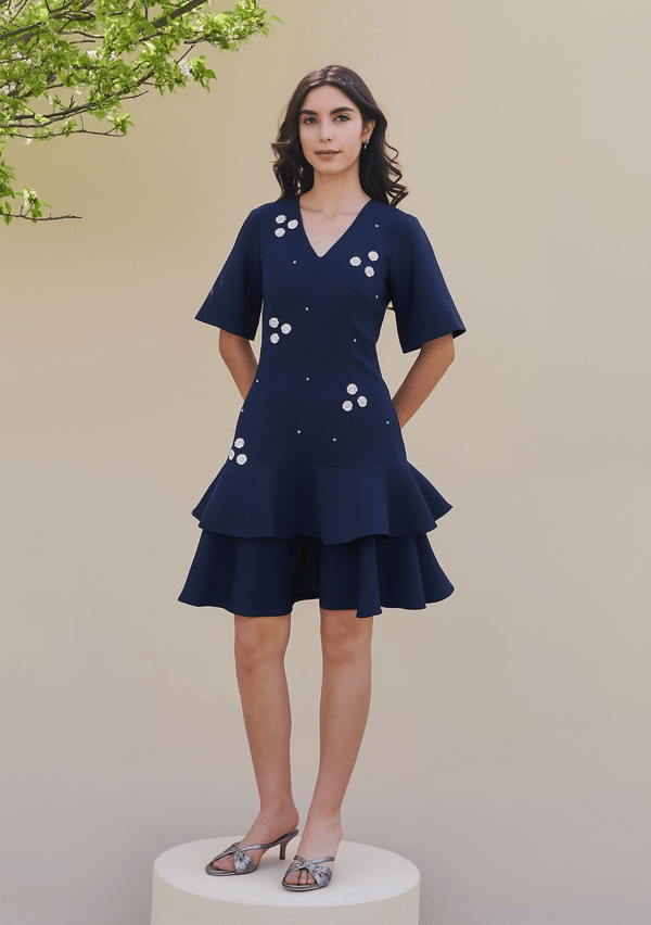 Navy V-Neck Tiered Mini Dress with Pearl Embellishment — AMOSHI