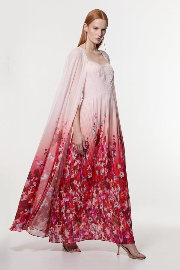 Pink Ombre Floral Pleated Cape Maxi Gown — KAREN MILLEN
