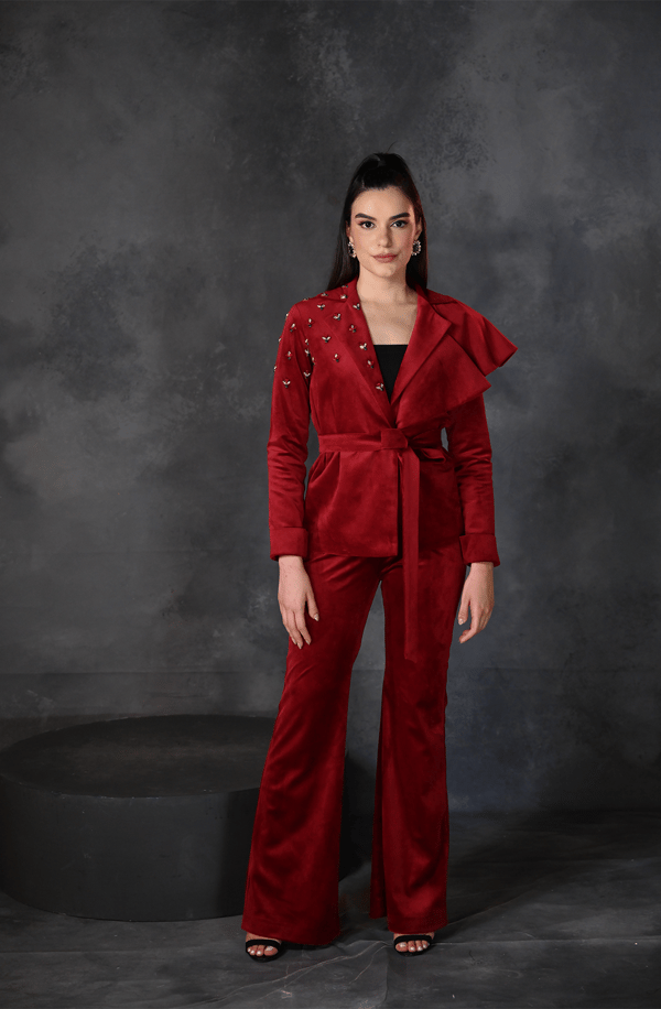 Red Velvet Embroidered Blazer Pant Set — OMBRELLO
