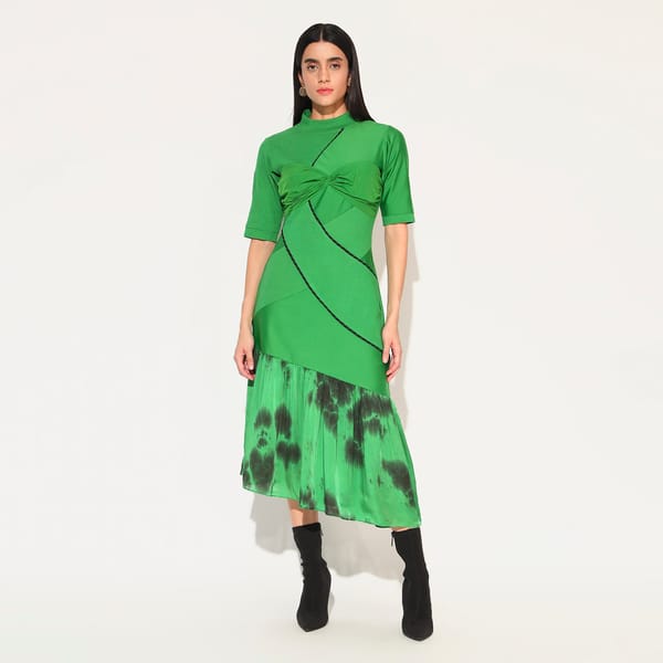 Green High Neck Slim-Fit Midi Dress with Tie-Dye Hem — Linetribe