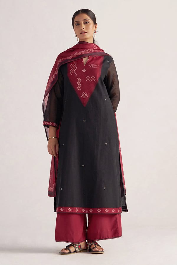 Black and Maroon Woven Kurta Set with Dupatta — Ganga Fashions Pvt Ltd