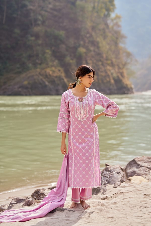 Lavender Pure Cotton Embroidered Kurta Set with Dupatta — NARAYANI VASTRA