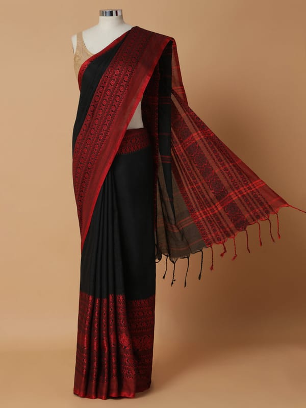Bengal Jamdani Style Weave Red-Black Saree Tyohaar — BINKS