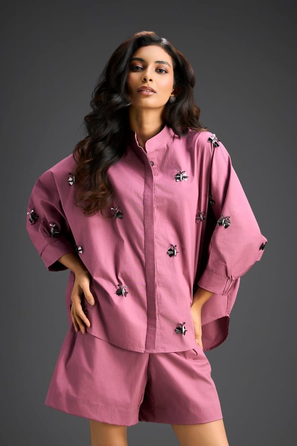 Pink Butterfly Embellished Pleated Shirt & Shorts Set — Deepika Arora