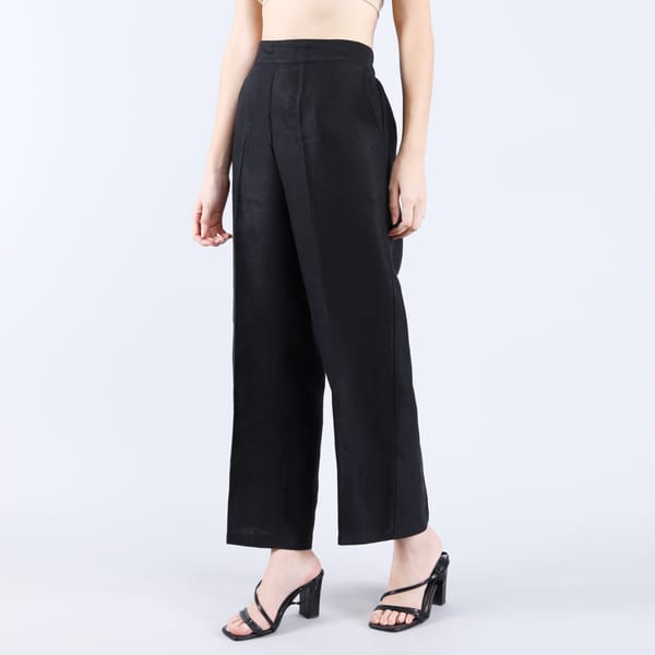 Black Linen Twill Wide-Leg High-Rise Trousers — Linen Bloom