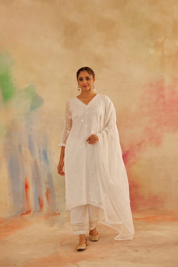 Ivory White Organza Embroidered Straight Suit Set — NARAYANI VASTRA