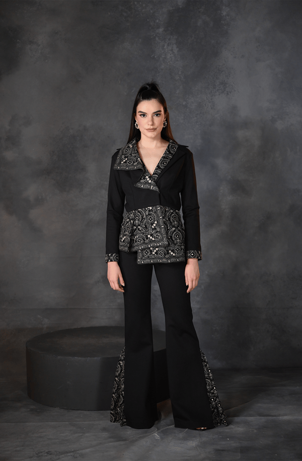 Black Golden Asymmetrical Drape Blazer Pant Set — OMBRELLO