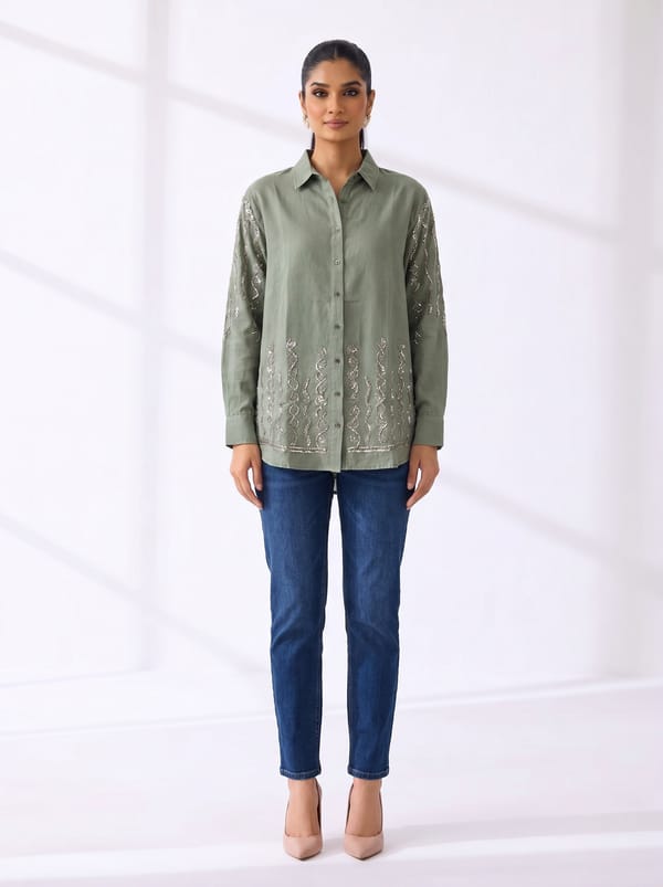 Green Tonal Embroidered Button-Down Cotton Shirt — THE LUXURY DRESSING