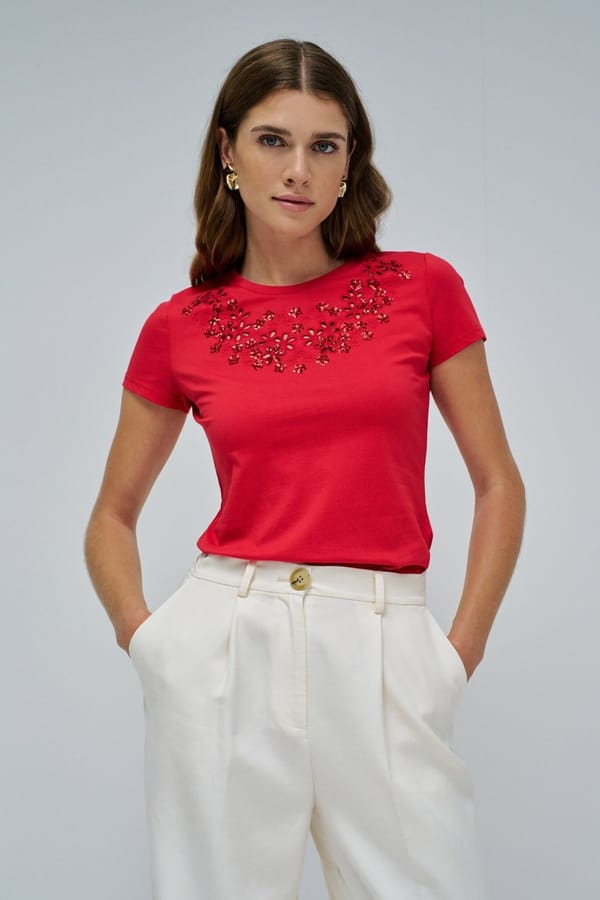 Red Slim-Fit T-Shirt with Tonal Floral Embroidery — SALSA JEANS