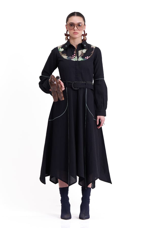 Black Cotton-Linen Midi Shirt Dress with Embroidered Yoke — Our Love