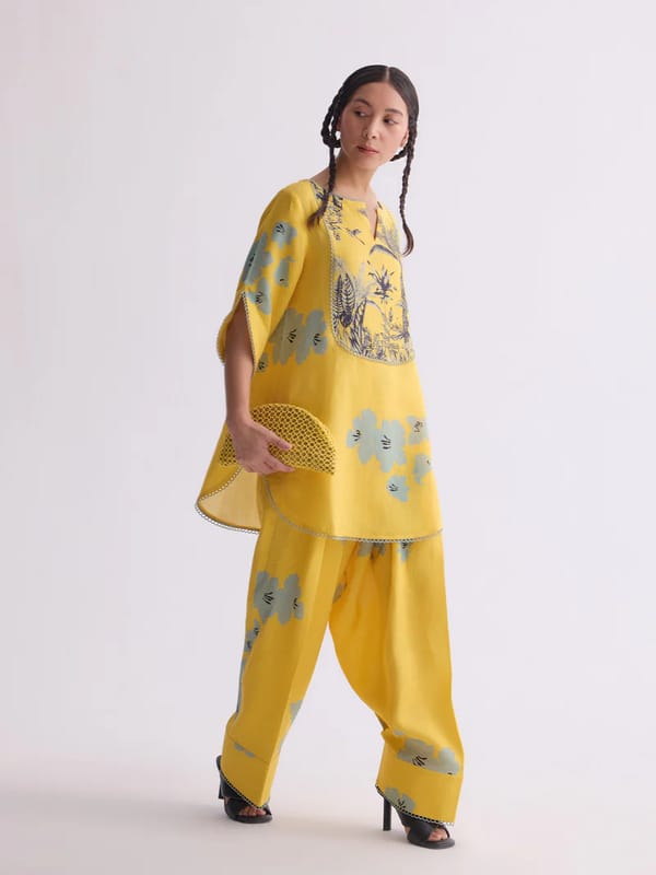 Yellow Gauze Linen Floral Printed Kurta Set with Salwar — YELL