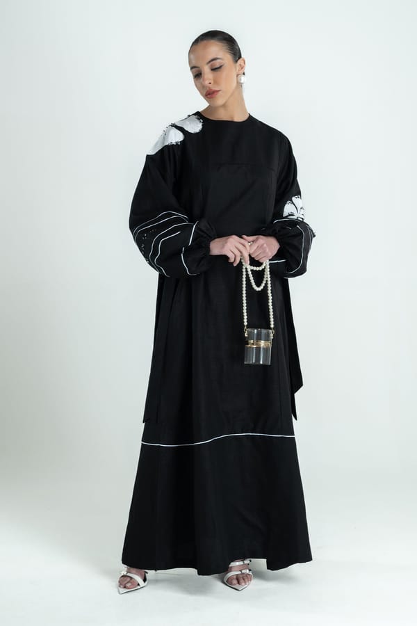 Black Cotton-Linen Maxi Kaftan with Side Tie-Up — Our Love