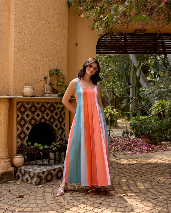 Orange Colorblocked Square Neck Maxi Dress — Houseofsoi