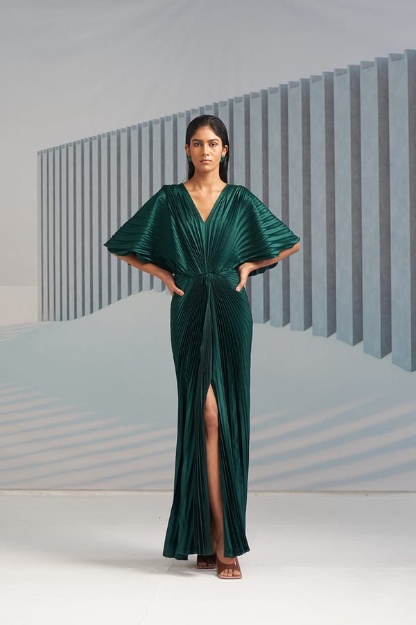 Green Pleated Maxi Gown with V-Neck and Front Slit — Pleats by Aruni