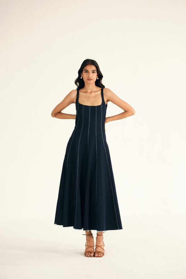 Blue Denim Square-Neck Panelled Midi Dress — Shop Staple