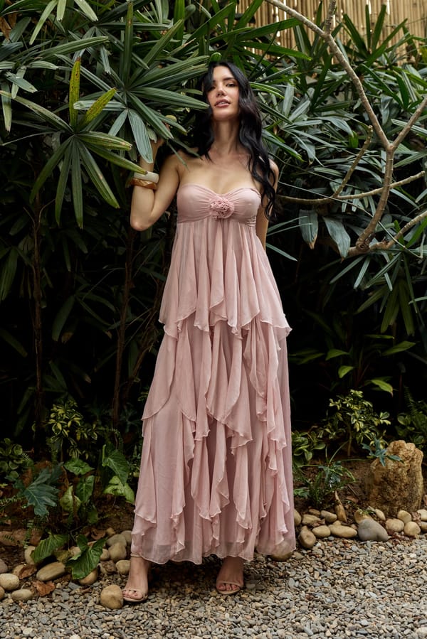 Pink Chiffon Strapless Sweetheart Ruffle Maxi Dress — IT Girl