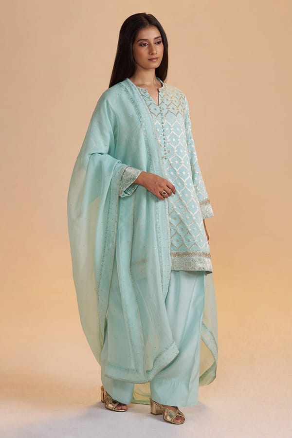 Moonlight Jade Banarasi Jacquard Kurta Set with Dupatta — Ganga Fashions Pvt Ltd