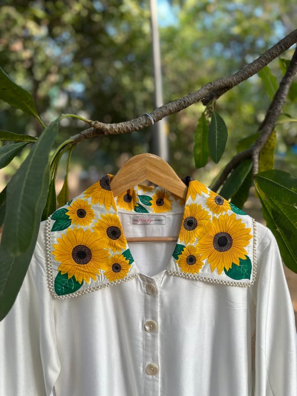 White Chanderi Shirt with Sunflower Collar and Pearl Detail — THE FINICKY COLORIST