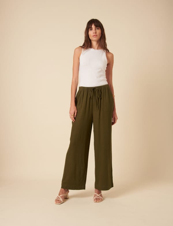 Olive Green Wide-Leg Drawstring Trousers with Patch Pockets — Nobody's Child