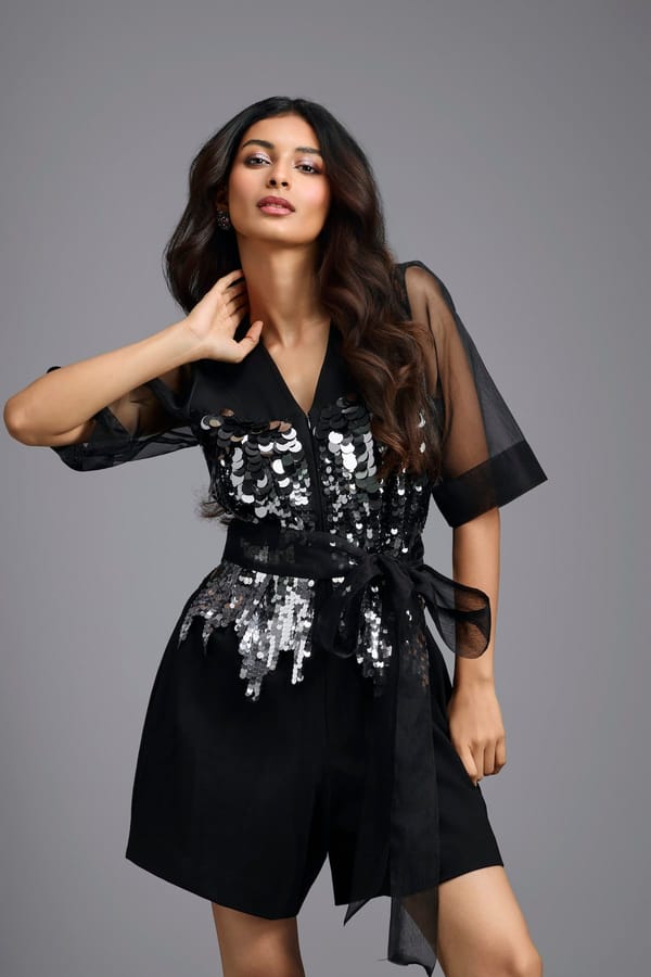 Sequin Playsuit with Sheer Sleeves — Deepika Arora