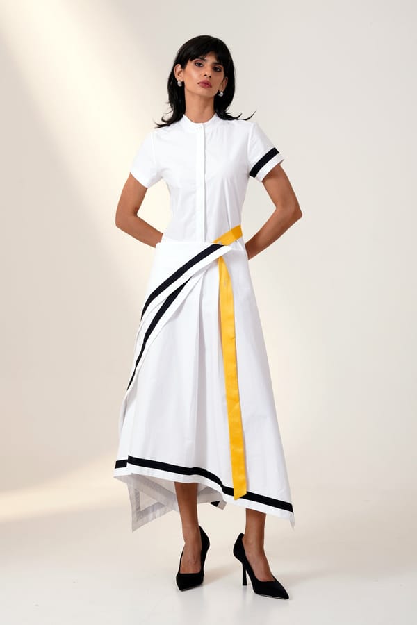 Ivory Colorblock Poplin Shirt Dress with Drape Waist — Madder Much
