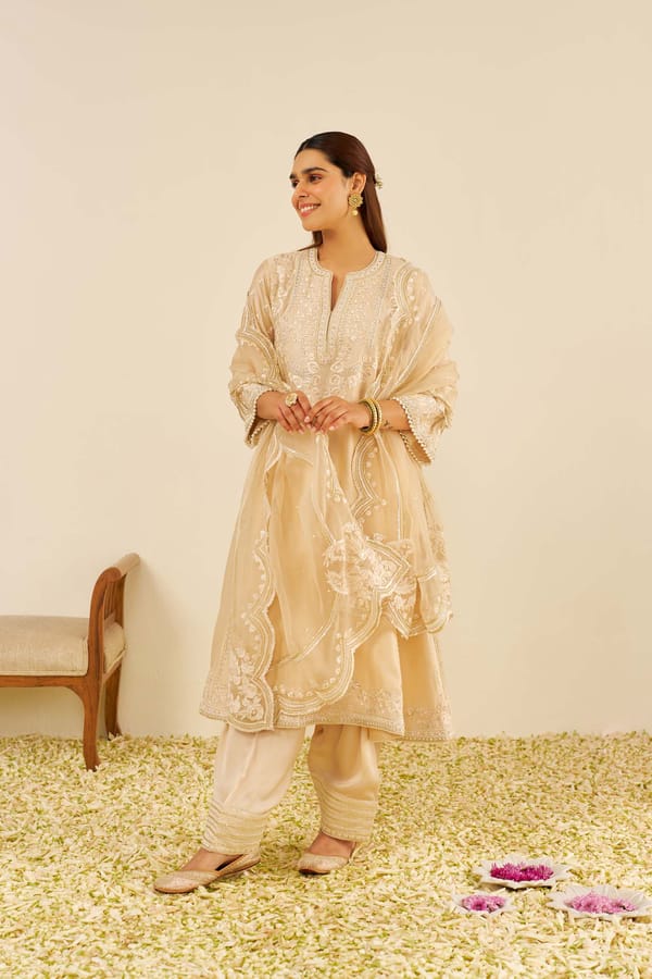 Beige Embroidered Long Chauga Kurta Set with Salwar — Sheetal Batra
