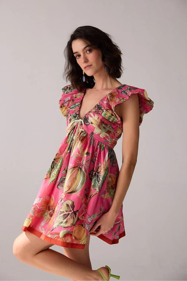 Pink Printed Fit and Flare Mini Dress with Ruffle Shoulders — VERB