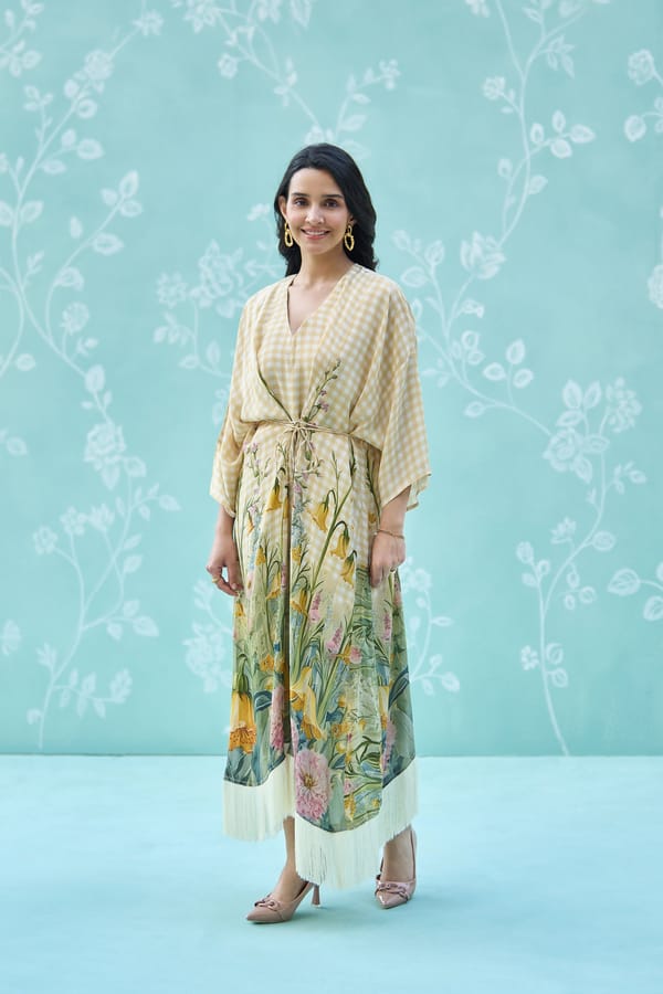 Multicolor Check and Floral Wrap Midi Dress with Fringe Hem — Chakkraa