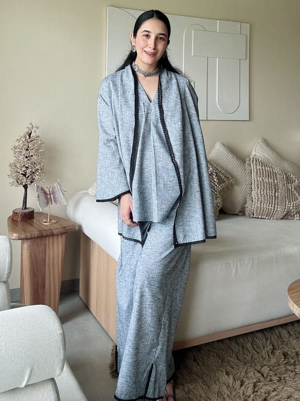 Grey Linen 3-Piece Co-ord Set with Lace Trim — HOUSE OF FETT