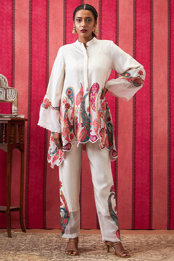 Ivory Appliqué Kurta and Pants Co-Ord Set — SOUP by Sougat Paul