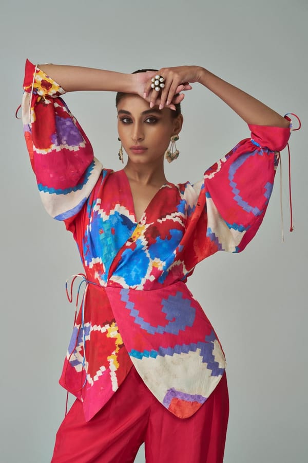 Pink/Red Ikat-Inspired Wrap Blouse with Tie Waist — Saaksha and Kinni