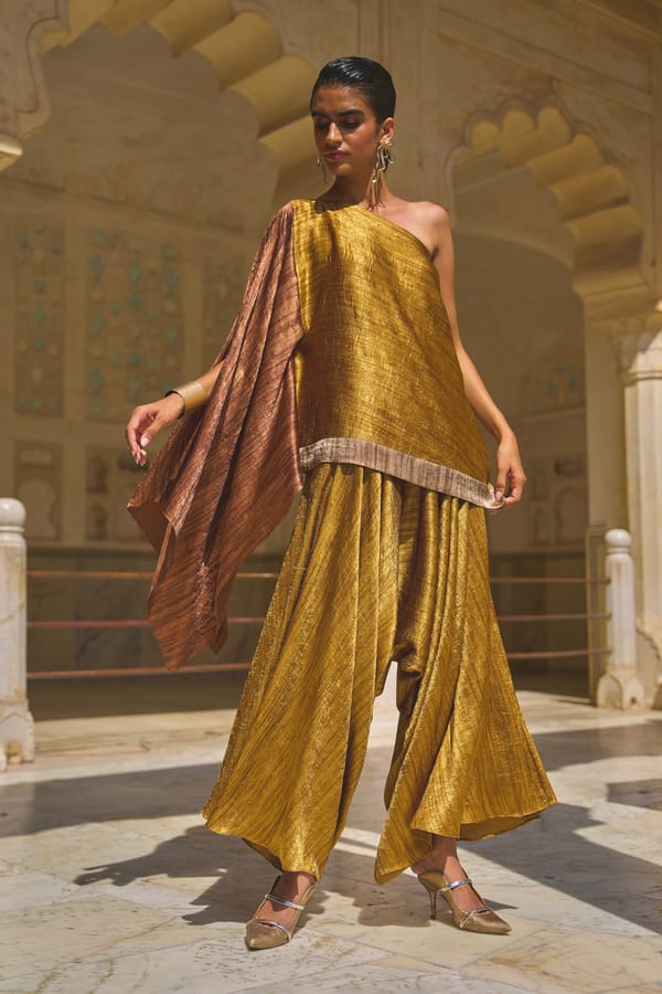 Metallic Colorblocked One-Shoulder Drape Top — Dash and Dot