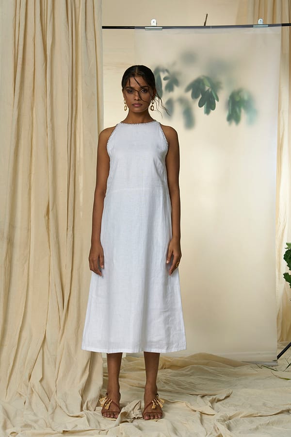 White Organic Hemp High Neck Sleeveless Midi Dress — ALTER NATIVE