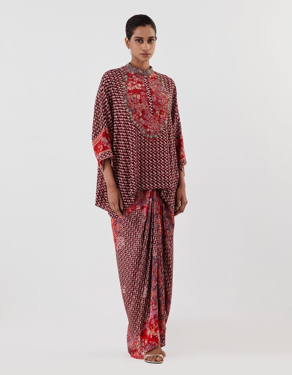 Red Printed Top with Cowl Skirt — Kavita Bhartia