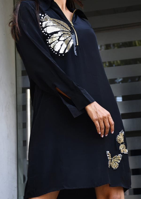 Black One Piece Crepe Dress with Sequin Embroidery — Richa Goenka