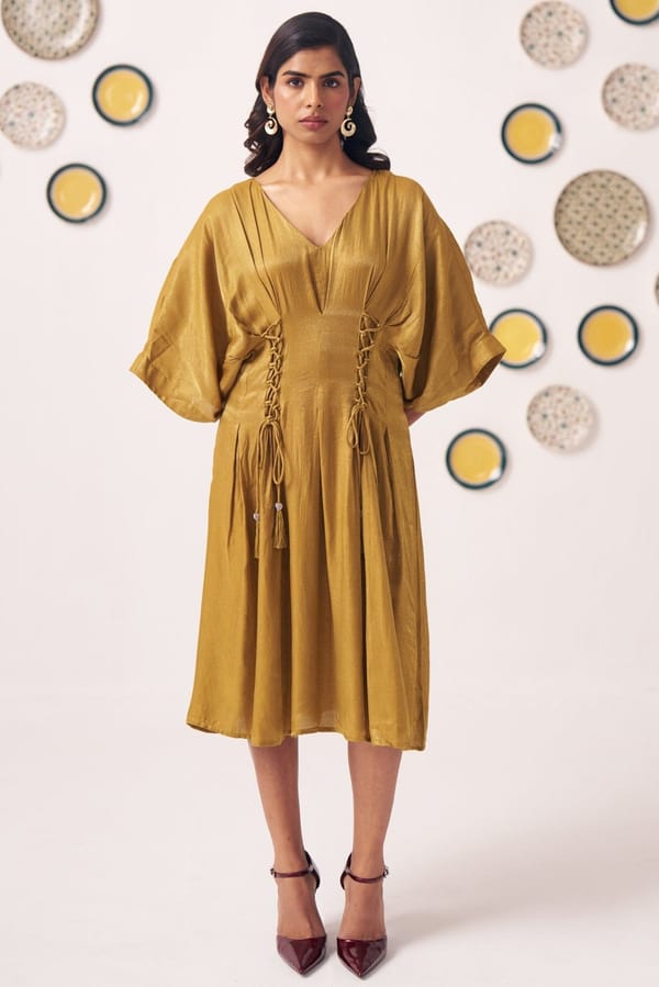Yellow Gold Shimmer Lace-Up Waist Fit and Flare Midi Dress — Western Era