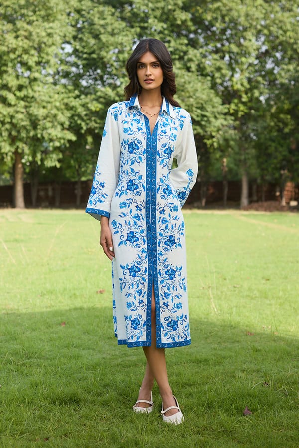 Cream and Blue Floral Linen Cotton Midi Shirt Dress — INCHING INDIA