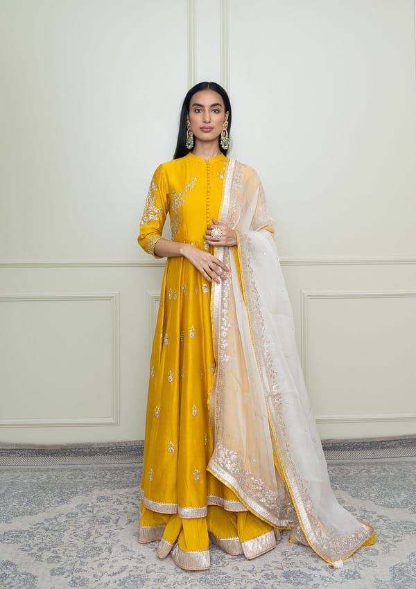 Glaze Mustard Pearl Embroidered Anarkali Set with Dupatta — Sheetal Batra