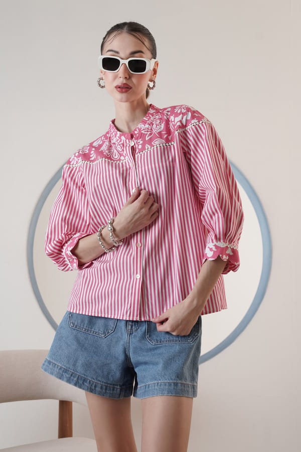 Pink Mixed-Print Striped Shirt with Lace Detail — SURABHI ARYA