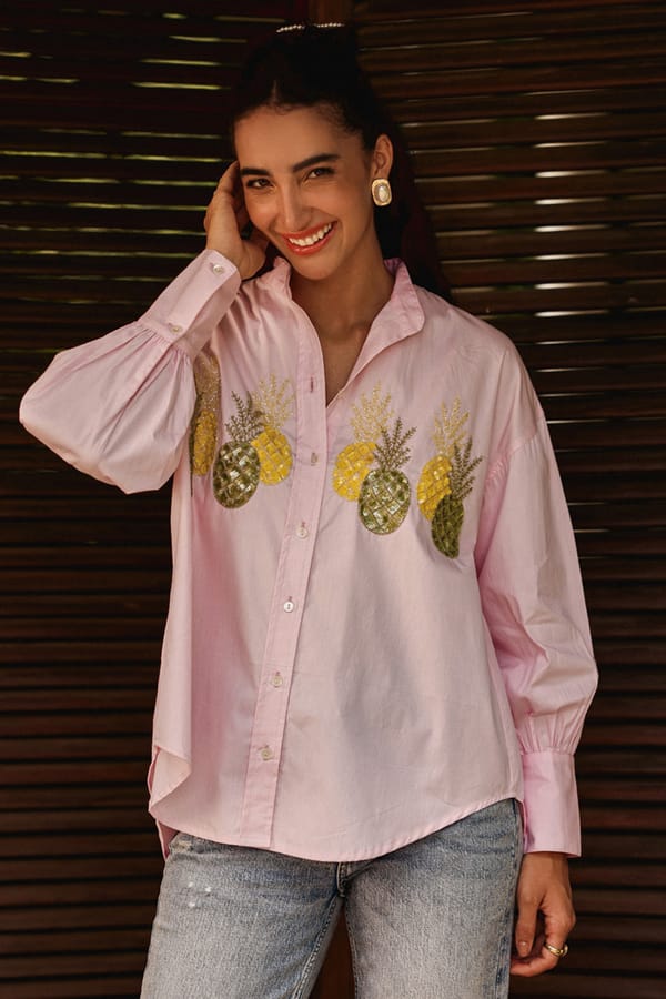 Pastel Pink Poplin Shirt with Pineapple Embellishment — BOHO-CHIC