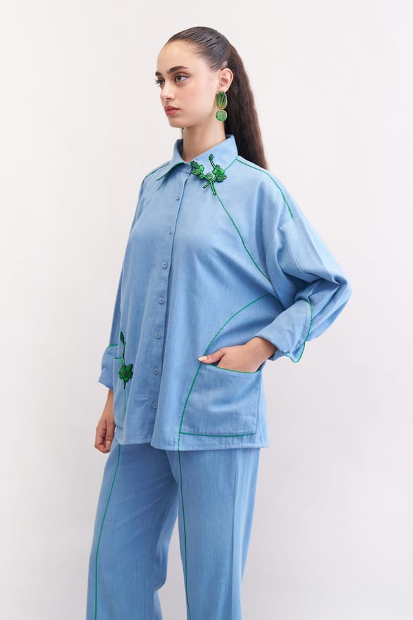Denim Blue Relaxed Shirt with Green Floral Embroidery — Our Love
