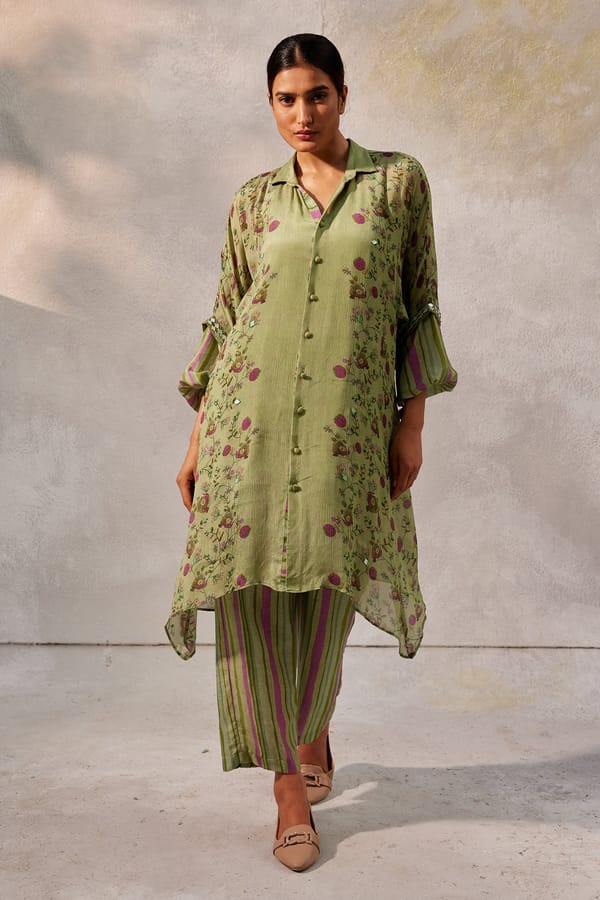 Pista Green Printed Shirt-Style Kurta Set with Pants — Basil Leaf