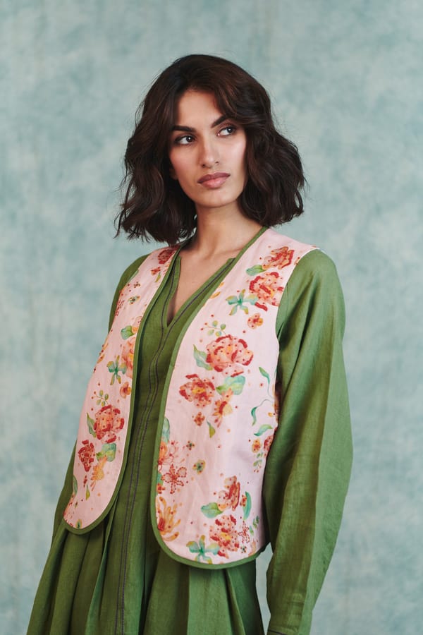 Flora Co-Linen Embroidered Rounded Waistcoat — Saphed