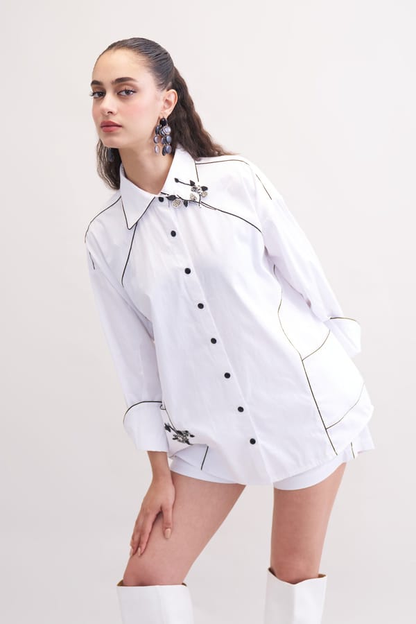 White Cotton Satin Relaxed Fit Shirt with Contrast Piping — Our Love