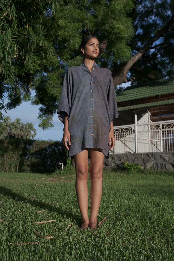 Dark Grey Printed Kimono Sleeve Mini Shirt Dress — ALTER NATIVE