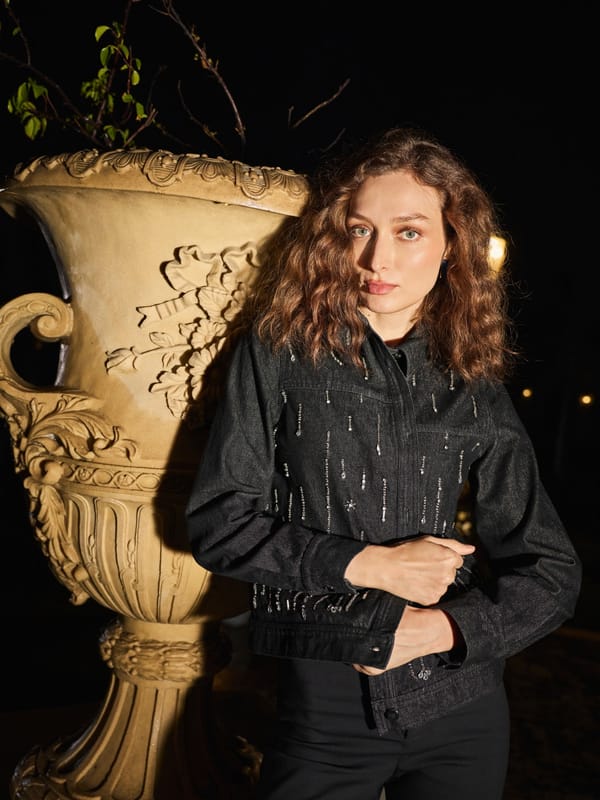 Black Sequin-Embellished Cropped Denim Jacket — Style Island