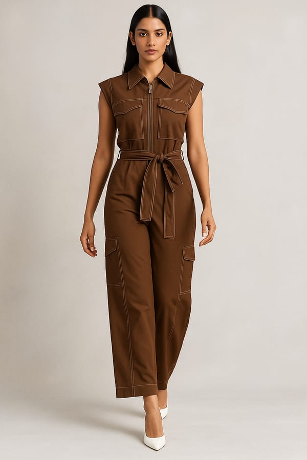 Brown Utility Zip-Front Belted Wide-Leg Jumpsuit — Younglings