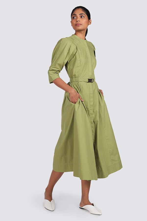Pistachio Green Cotton Poplin Midi Shirt Dress — NOTEBOOK