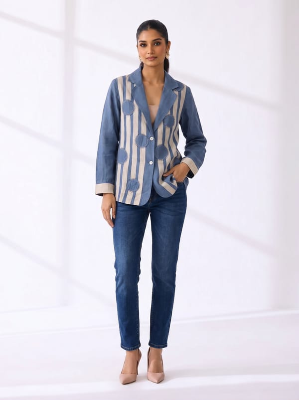 Blue Linen Tailored Blazer with Striped Panels — Linen Bloom
